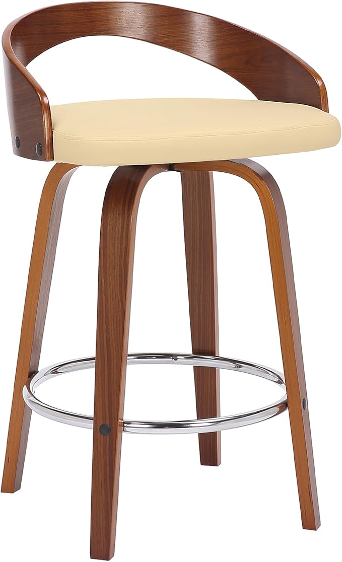 Armen Living Sonia 26" Counter Height Swivel Cream Faux Leather and Walnut Wood - Image 6