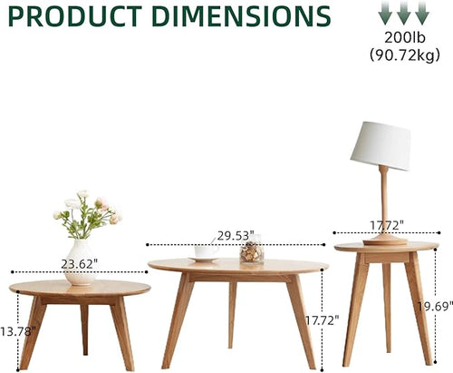 100% Solid Oak Wood Coffee Table Set, Round Coffee Table Combo Side Table - Image 2