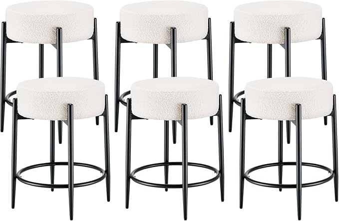 Dining Room Chairs Set of 6, 23.6" Sherpa Backless White Boucle Dining Chair by Viroformo