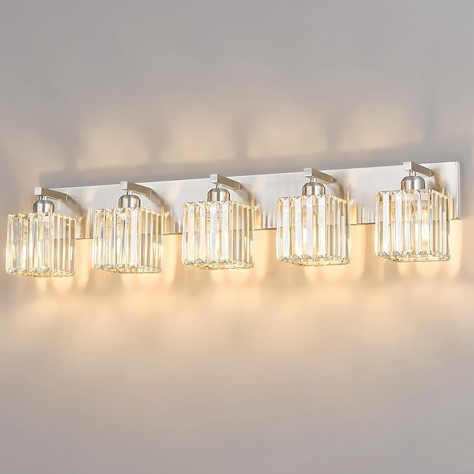 Modern Vanity Light 5-Lights Brushed Nickel Vanity Light Crystal Bathroom Wall by FDPBY