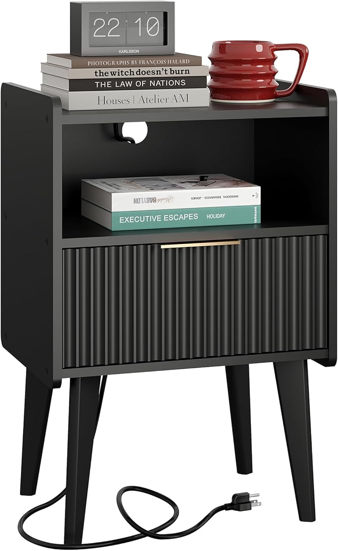 Fluted Nightstand with Charging Station, Modern Bedside Table with Drawer by YAUKOMEL