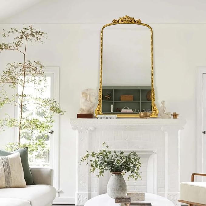 30x45'' Antiqued Gold Ornate Arched Mantel Baroque Inspired Dresser Mirror by EGHOME