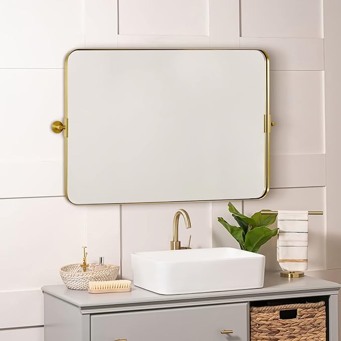 MOON MIRROR 36" x 24" Brushed Gold Rectangle Bathroom Mirror, Tilting Rounded - Image 6