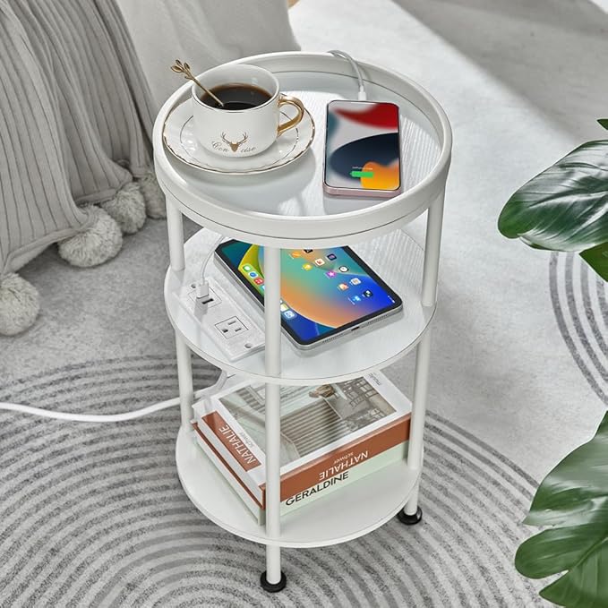 Small Round End Table with Charging Station, 3-Tier Accent Couch Beside Table - Image 9