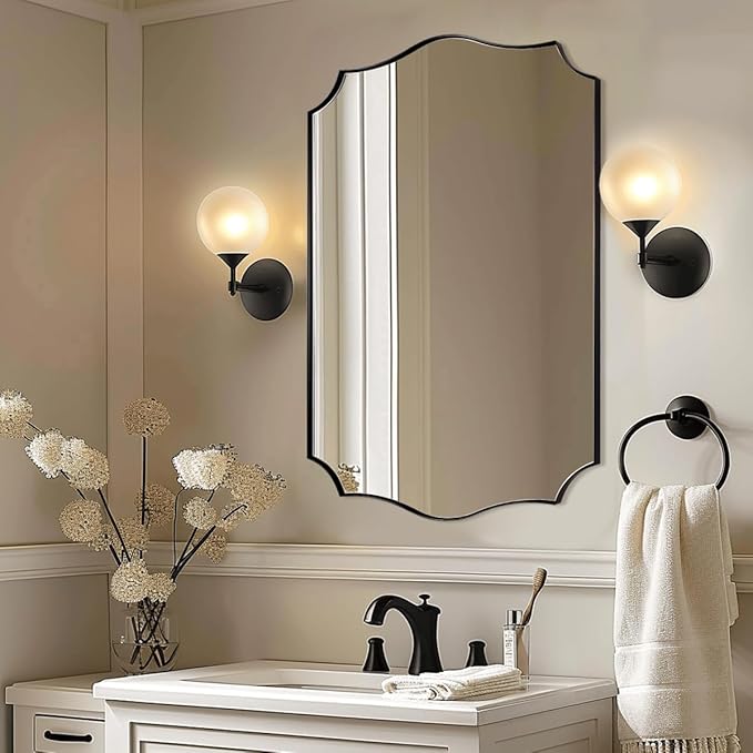 Black Scalloped Vanity Mirror, Matte Black Bathroom Mirrors, Metal Framed Black by Mirrorartmirror