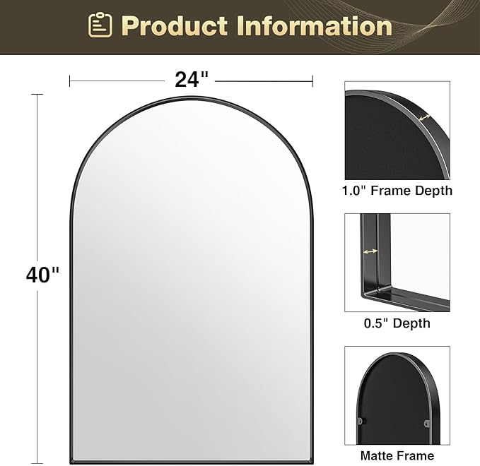 Brightify Arched Mirror, Arched Wall Mirror, 24 x 40 Inch Black Arch Mirror - Image 7