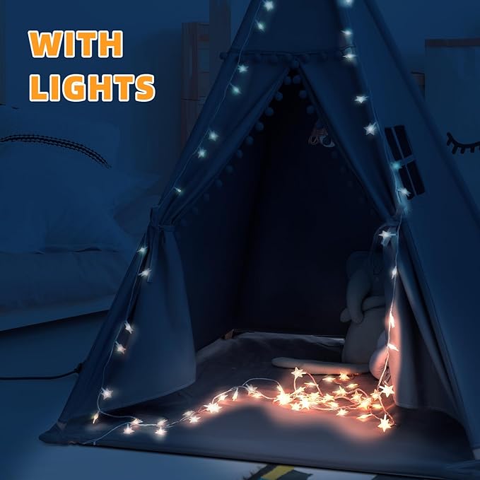 Teepee Tent for Kids with Mat, Star Lights, Carry Case, Cotton Canvas Playhouse - Image 7