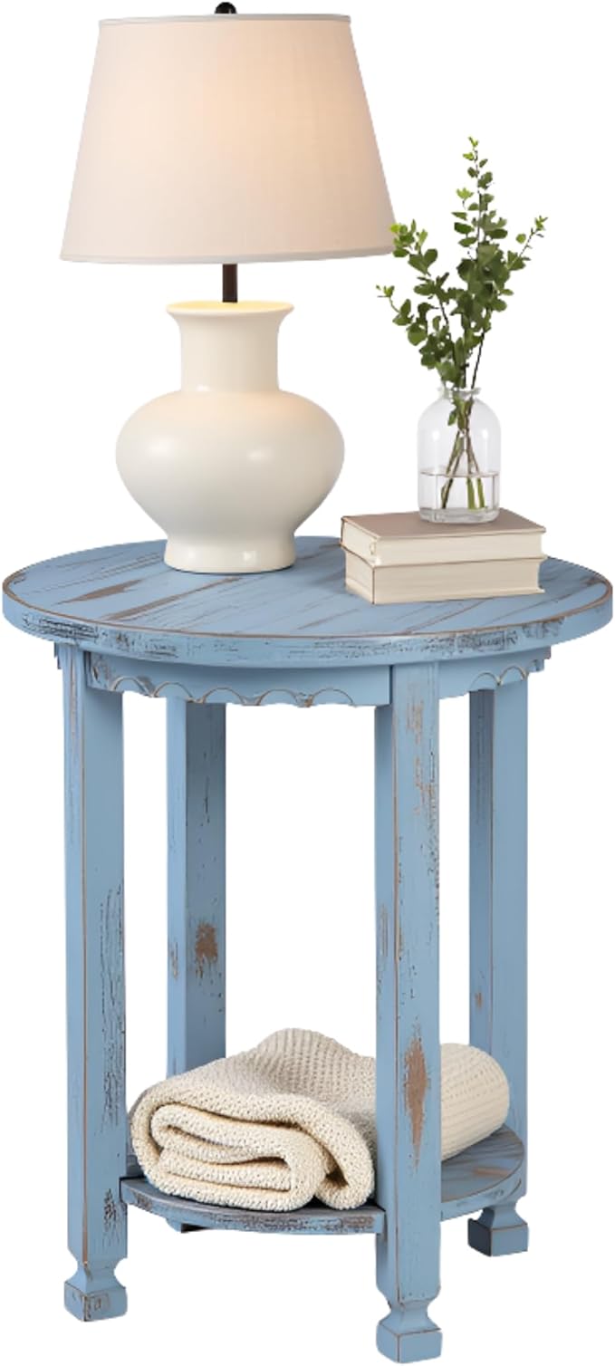 Rustic Cottage Round End Table w/ 1 Shelf - 25 in. W x 20 in. D x 24 in. H - by AlaterreFurniture