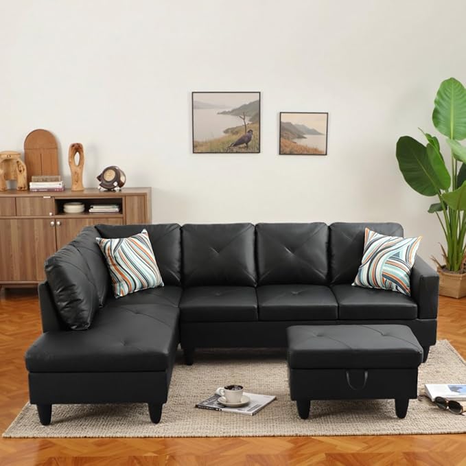 L-Shaped Sectional Sofa with Ottoman, Color Blocking Flannel Leather - Image 4