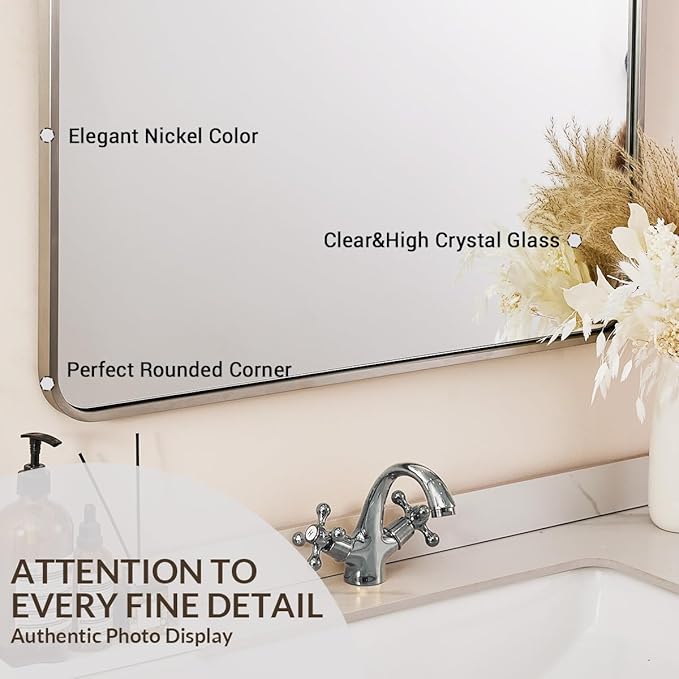 ANDY STAR 48x32 Inch Brushed Nickel Bathroom Mirror, Rounded Rectangle Bathroom - Image 6