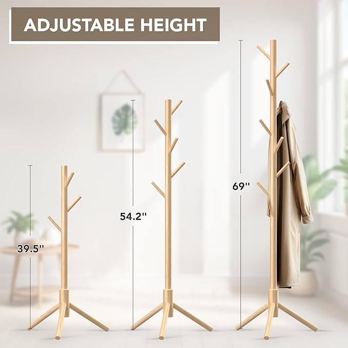 Wooden Tree Coat Rack Stand, Sturdy Freestanding Coat Rack - Image 3