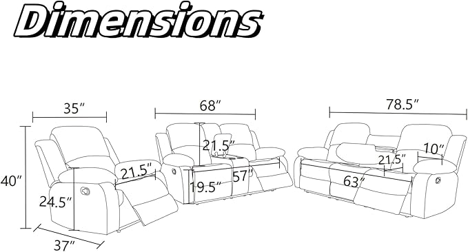 Recliner Sofa Couch, 3-Seater Home Theater Seating Reclining Sofa, Power - Image 2
