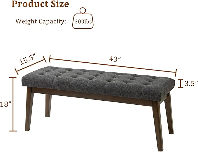 End of Bed Bedroom Bench, Linen Upholstered Tufted Bench - Image 2