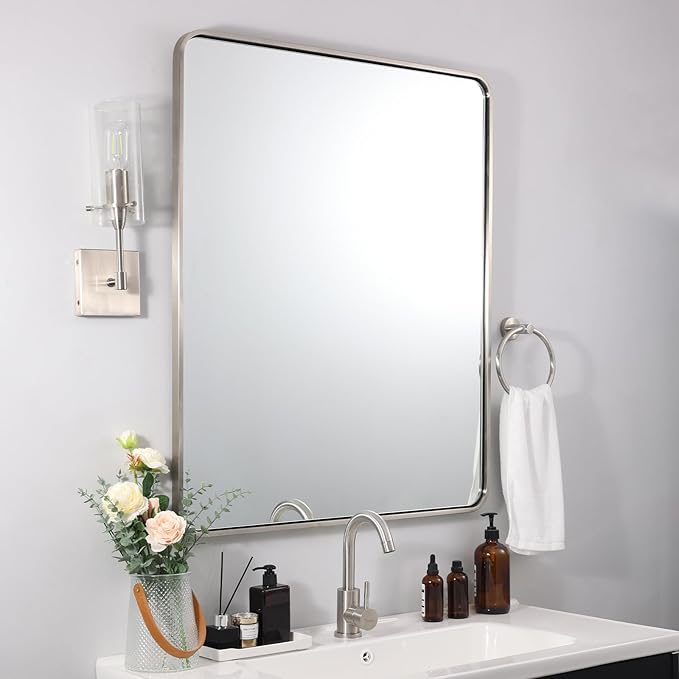 ANDY STAR Brushed Nickel Bathroom Mirror, 24x36’’ Rounded Rectangle Mirror by ANDYSTAR
