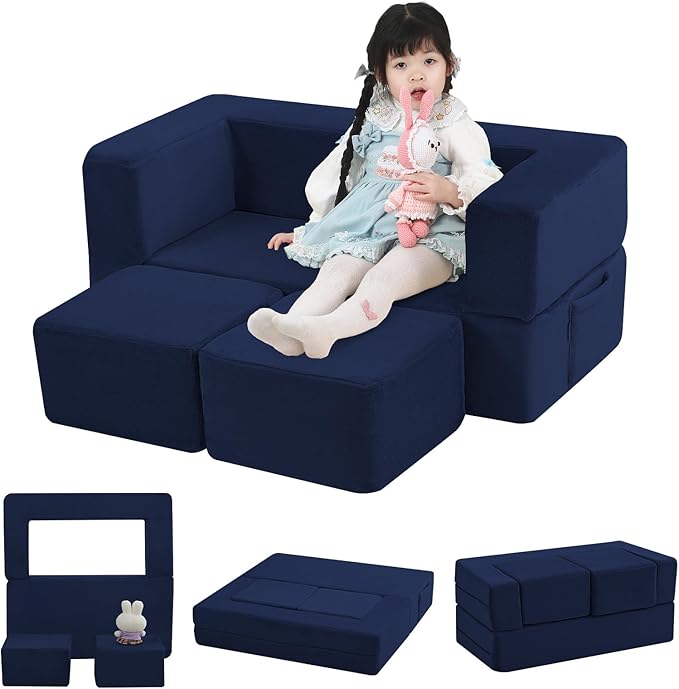 MeMoreCool Convertible Modular Kids Foam Play Couch Sofa – Navy Fold-Out by MeMoreCool