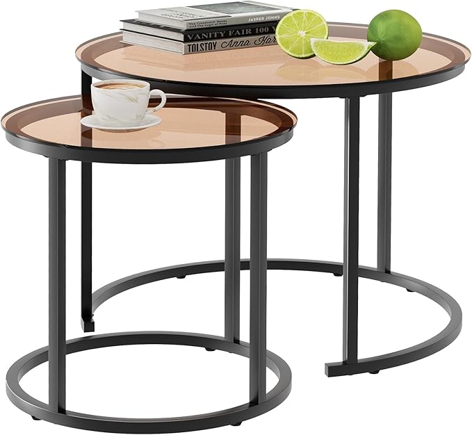 aboxoo Nesting Coffee Table Set of 2, Small Round Glass Nesting Tables by aboxoo