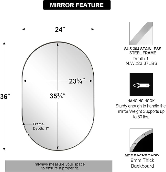 ANDY STAR Brushed Nickel Oval Bathroom Mirror, 24x36 Nickel Pill-Shaped Mirror - Image 2