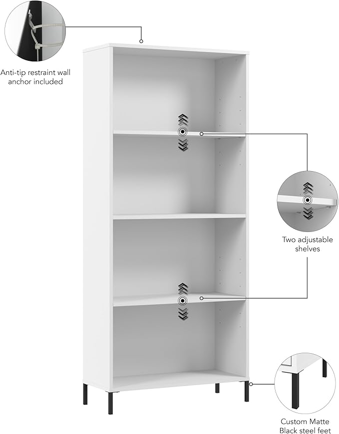 Bush Furniture Essence 4 Shelf Bookcase in White | Organizers and Shelves - Image 5
