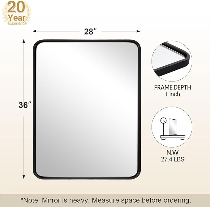 ANDY STAR 28x36 INCH Black Bathroom Mirror, Rounded Rectangle Mirror - Image 2