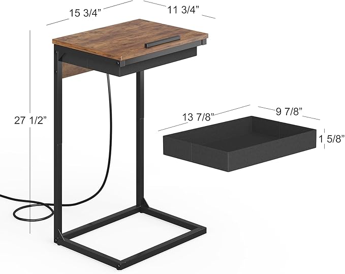 C Shaped End Table with Charging Station, 45° Tiltable Adjustable Flip Top Side - Image 3