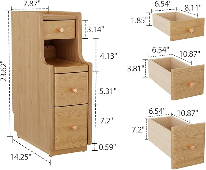 Narrow Nightstand with 3 Drawers, Solid Wood Small Nightstand Natural, Modern - Image 2
