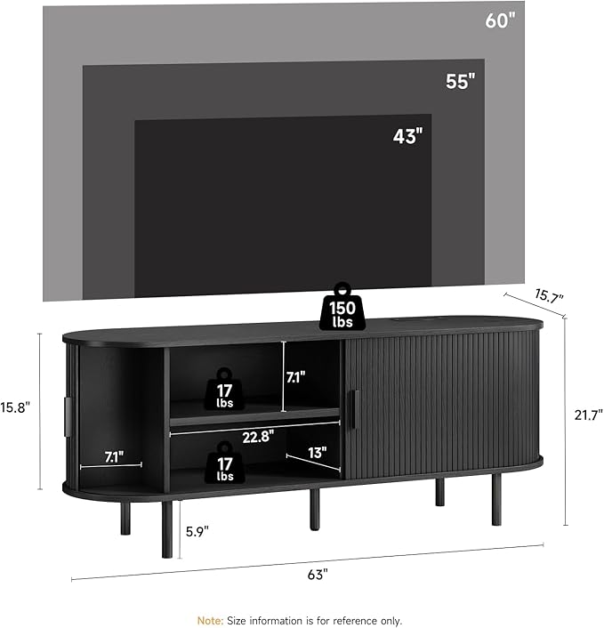 63" TV Stand with Power Outlet, Modern Media Console with Sliding Doors - Image 2