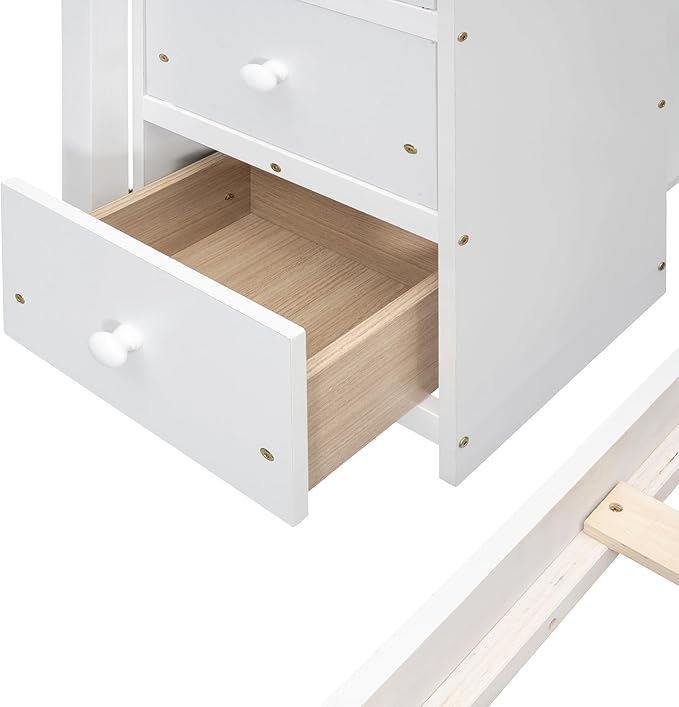 Twin Over Full Bunk Bed with 3-Layer Shelves, Wood L-Shape High Loftbed Frame - Image 7