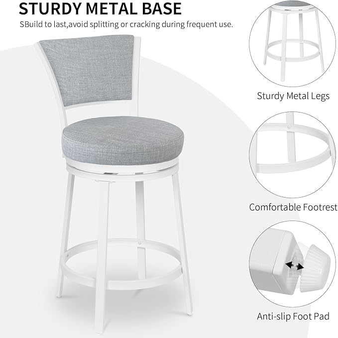 Bar Stools Set of 2, 25 Inch Metal Counter Height Bar Chairs, Modern Linen - Image 6