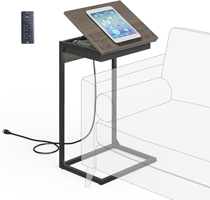 C Shaped End Tables with Charging Station, 45° Tiltable Adjustable Flip Top by Unknown