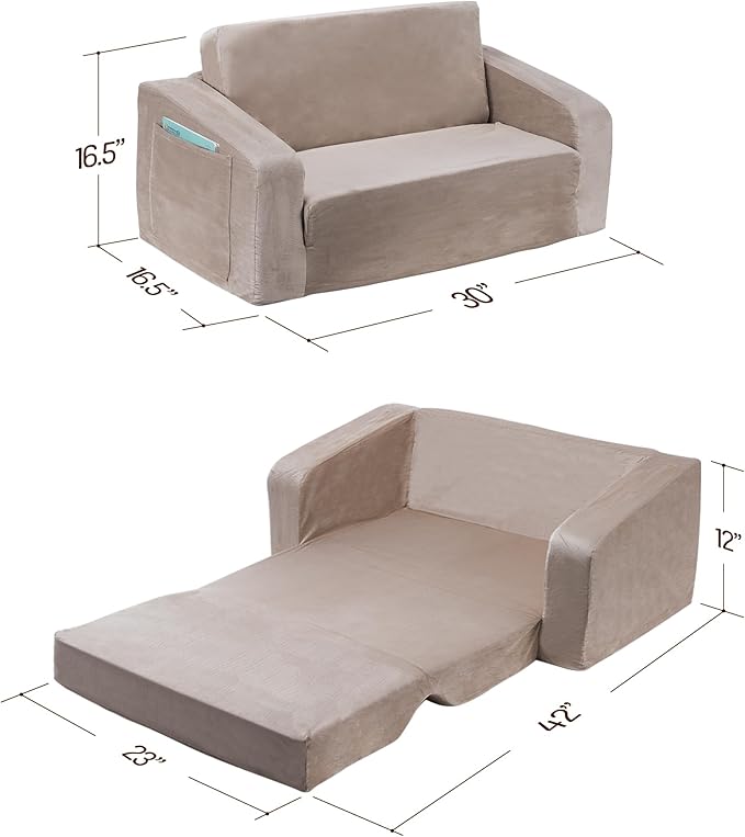 Kids Couch, Extra Wide 2-in-1 Toddler Sofa Convertible Fold Out to Lounger Bed - Image 3