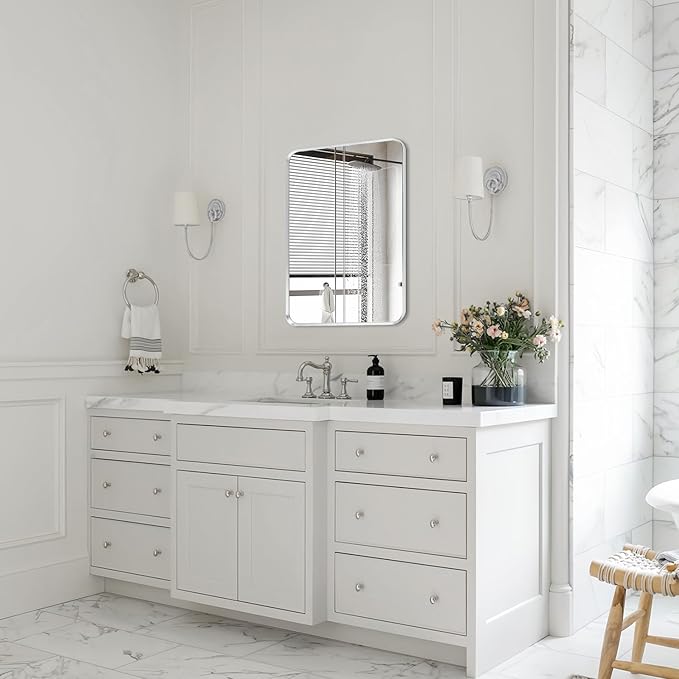 Wall Mount Mirror for Bathroom, Brushed Silver Metal Framed Rounded Corner - Image 2