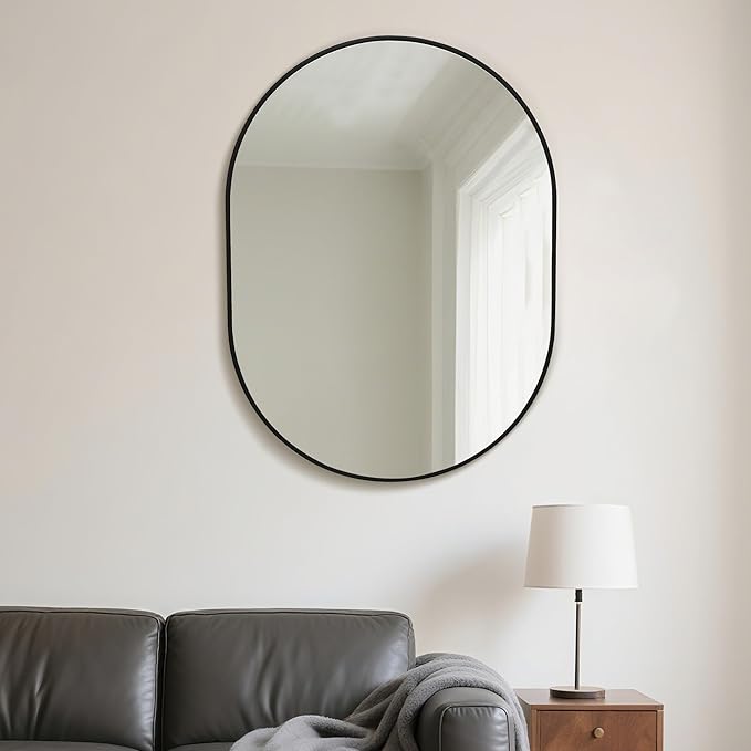 Oval Bathroom Mirror 22x30 Inch, Pill Shape Black Framed Wood Wall Mirrors - Image 7