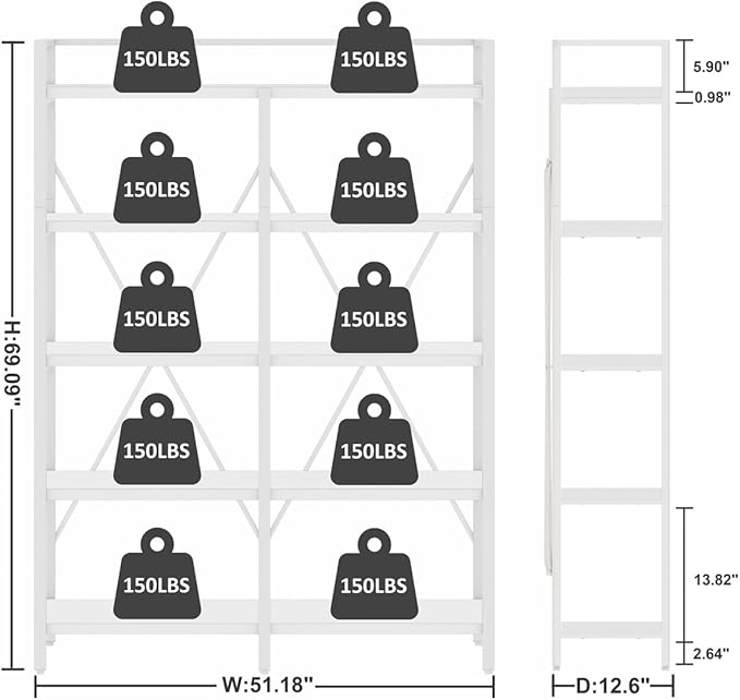 FATORRI Bookshelves and Bookcases, 5 Tier Tall Wood Metal Bookshelf, 51in Wide - Image 2