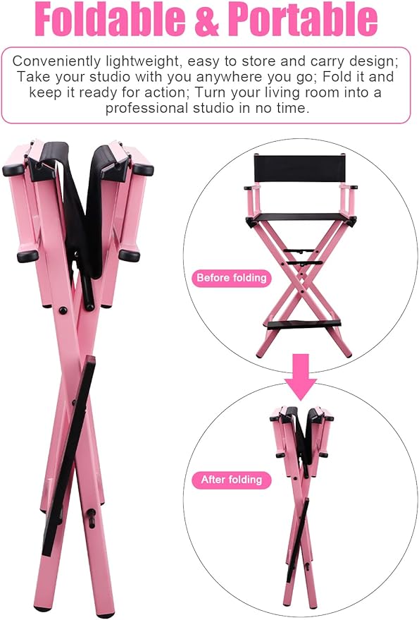 Lorvain Folable Makeup Artist Stool Chair, Protable Tall Folding Directors Chair - Image 3