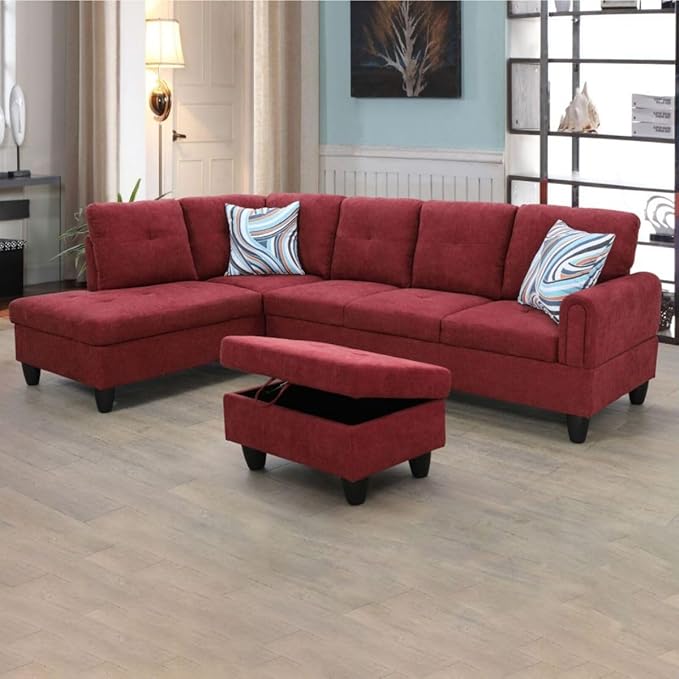 Red L-Shaped 3-Piece Flannel Sofa - Image 4