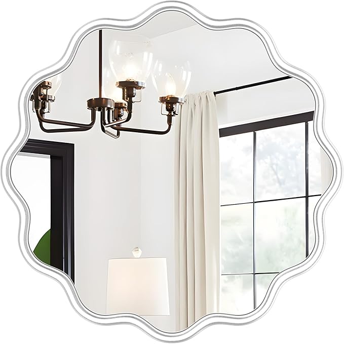 PROHOMEWARE White Round Mirror 24 Inch Wavy Bathroom Vanity Mirror White Frame by PROHOMEWARE