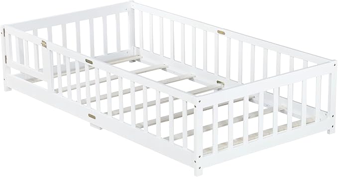 Twin Floor Bed Frame with Slats and Safety Guardrail, Wood Twin Size Montessori - Image 9