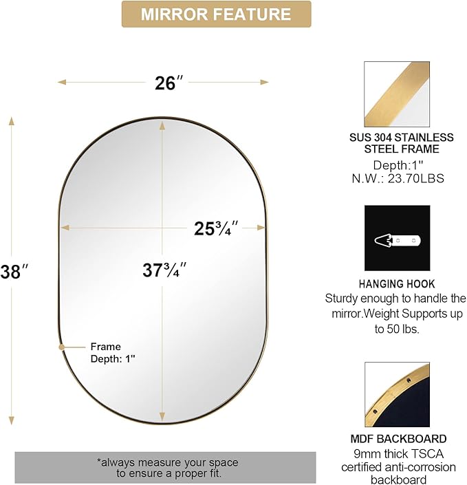 ANDY STAR Oval Mirrors for Bathroom, 26x38 Inch Gold Oval Mirror, Oval Brass - Image 2