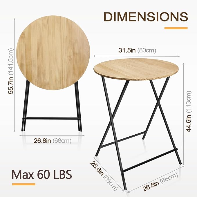 Outdoor Bar Height Table Wood 44.6'' Height, 31.5'' Round Folding Cocktail - Image 2