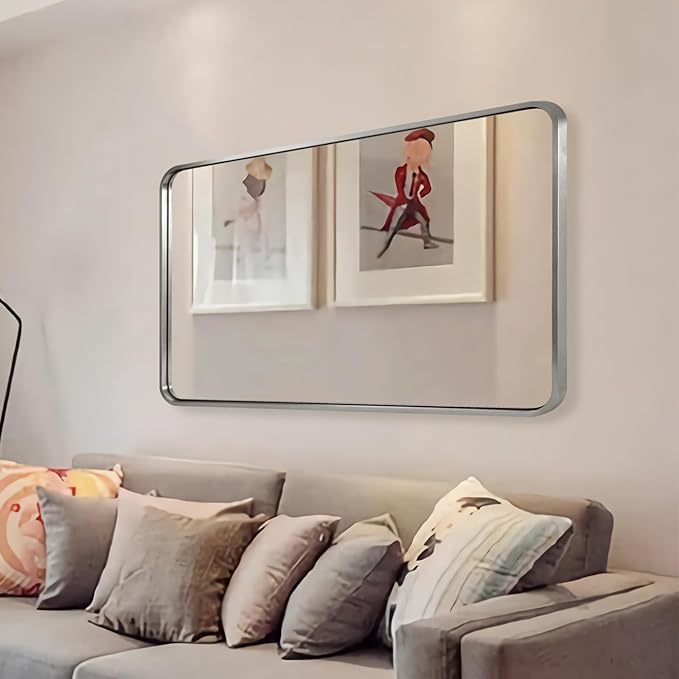 ANDY STAR 30x48 Inch Brushed Nickel Bathroom Mirror, Rounded Corner Brushed - Image 8