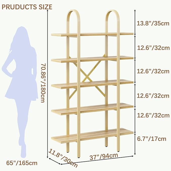 Wide Bookshelf Arched Bookcase, Industrial 5 Tier 72" Tall Freestanding Heavy - Image 2