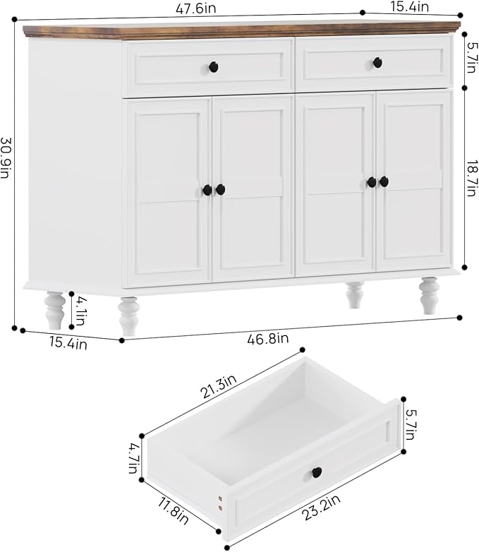 Farmhouse Buffet Cabinet with Storage, 47.6" Buffet Sideboard with 2 Drawers - Image 3