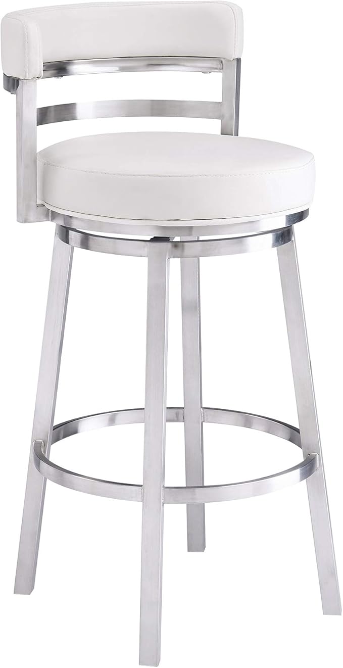 Armen Living Titana 30" Bar Height Swivel White Faux Leather and Brushed by ArmenLiving