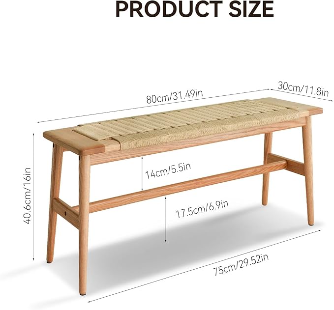 Solid Wood Entryway Bench, Wooden Dining Bench Stool w/Hand-Woven Top, End of - Image 2