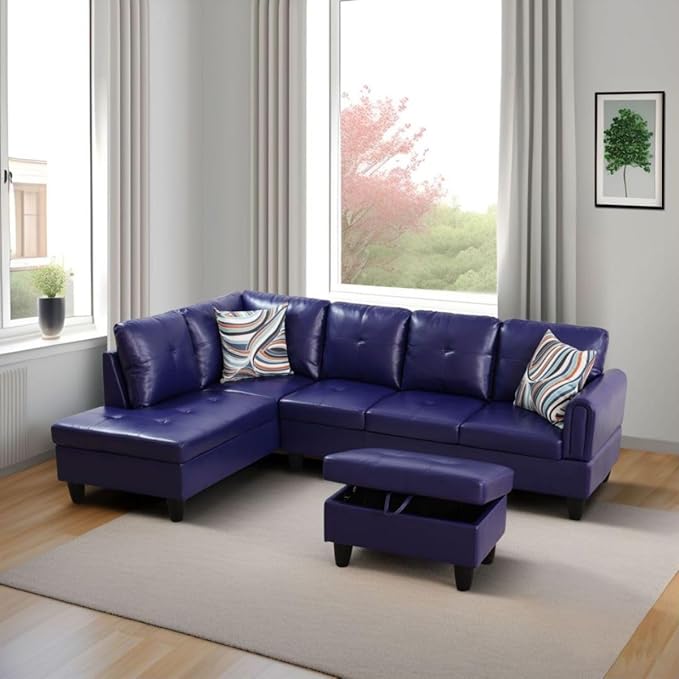 Blue L-Shaped 3-Piece Faux Leather Sofa - Image 7