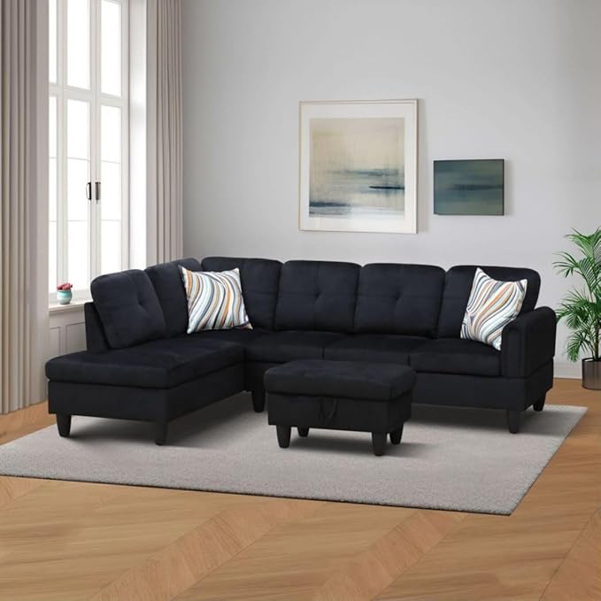Black L-Shaped 3-Piece Flannel Sofa - Image 4