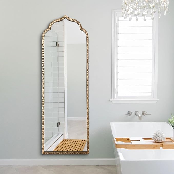 Large Gold Arched Mirror, Metal Beaded Frame Vintage Mirror, Scalloped Full - Image 9