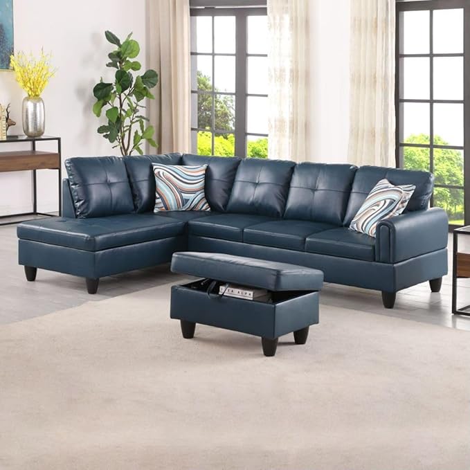 Denim L-Shaped 3-Piece Faux Leather Sofa by Unknown