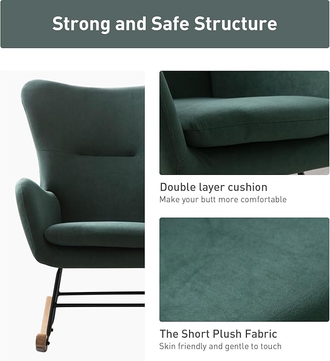 Phoenix Home Rocking Chair Nursery Velvet Upholstered Glider Rocker Rocking - Image 4