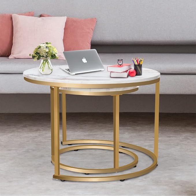 aboxoo Coffee Table Nesting White Set of 2 Side Set Golden Frame Circular Round - Image 8